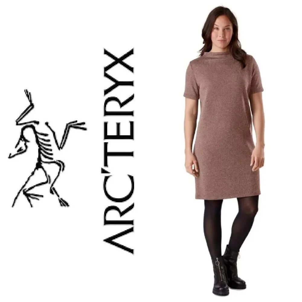 Arc'teryx Laina Mini Shift Dress Pullover Short Sleeve Mock Neck Knit Brown S
